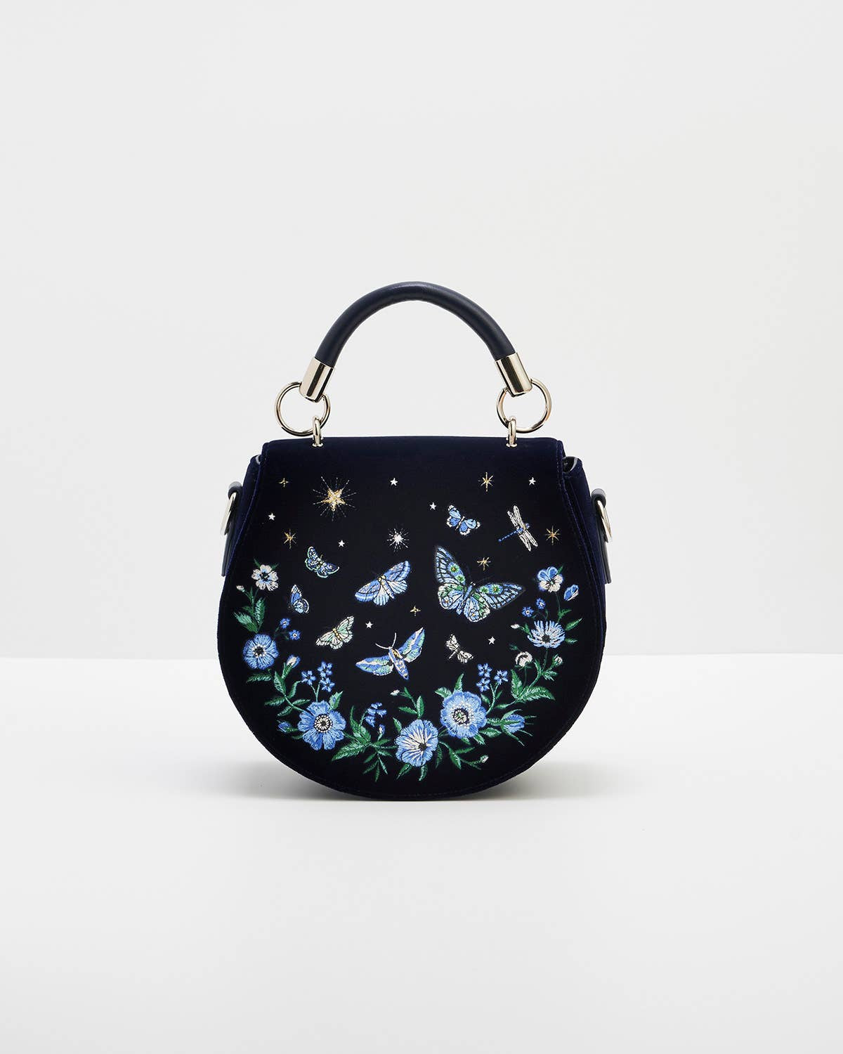 Charlotte Butterfly Embroidered Navy Velvet Saddle Bag