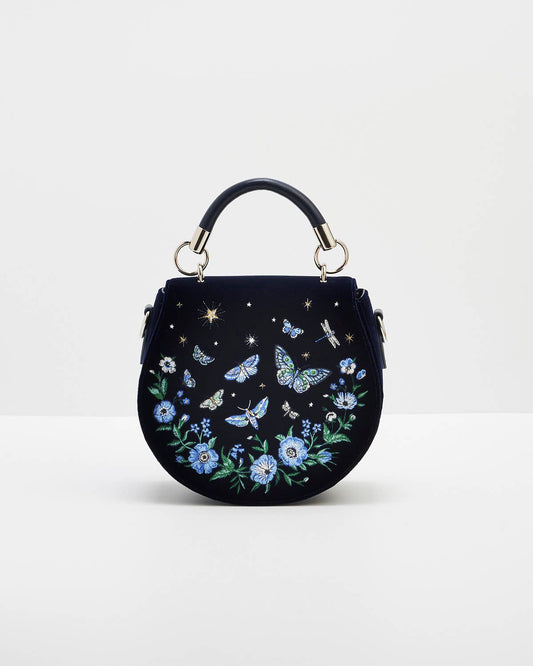 Charlotte Butterfly Embroidered Navy Velvet Saddle Bag