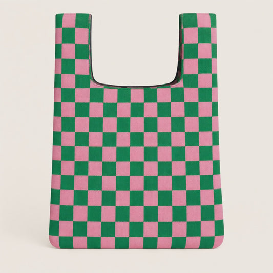 Green and Pink Checkerboard Knitted Tote Bag