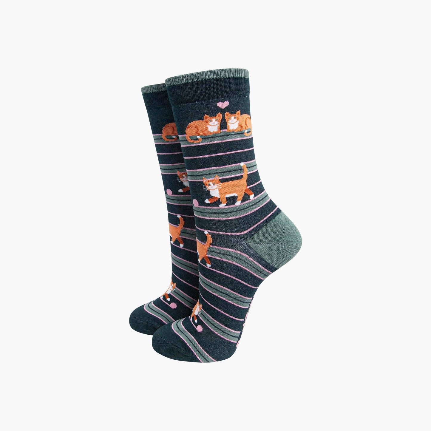 Dark Green Cats in Love Stripe Socks