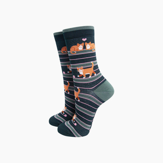Dark Green Cats in Love Stripe Socks
