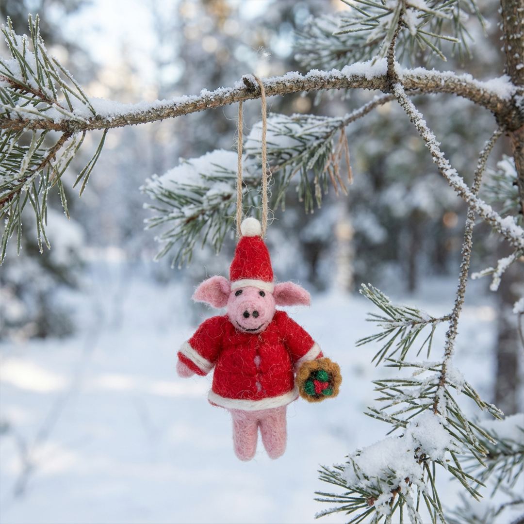 Handmade Felt Christmas Piglet Hanging Decoration