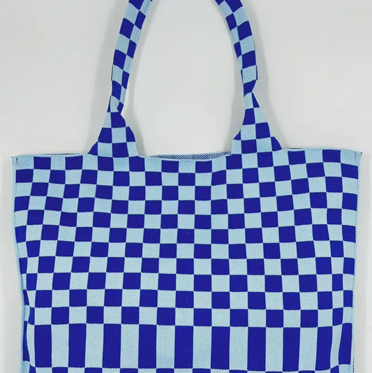 Blue Checkerboard Large Knit Tote Bag