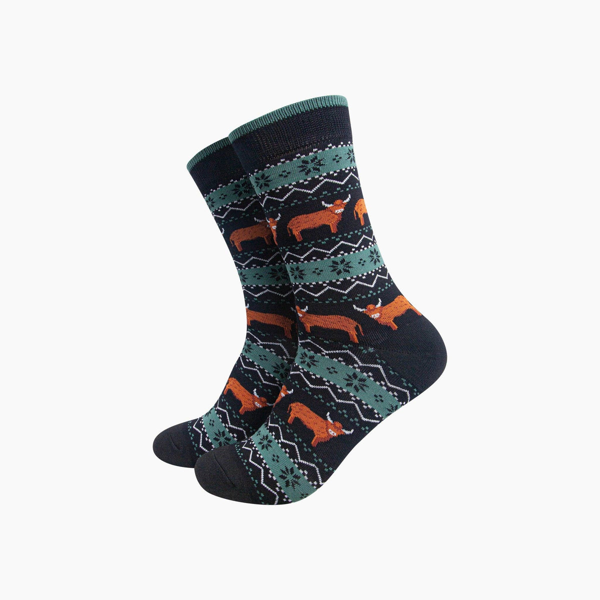 Men's Black and Green Highland Cow Fair Isle Socks