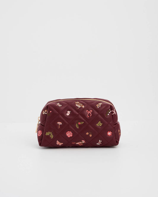 Embroidered Quilted Medium Pouch in Burgundy