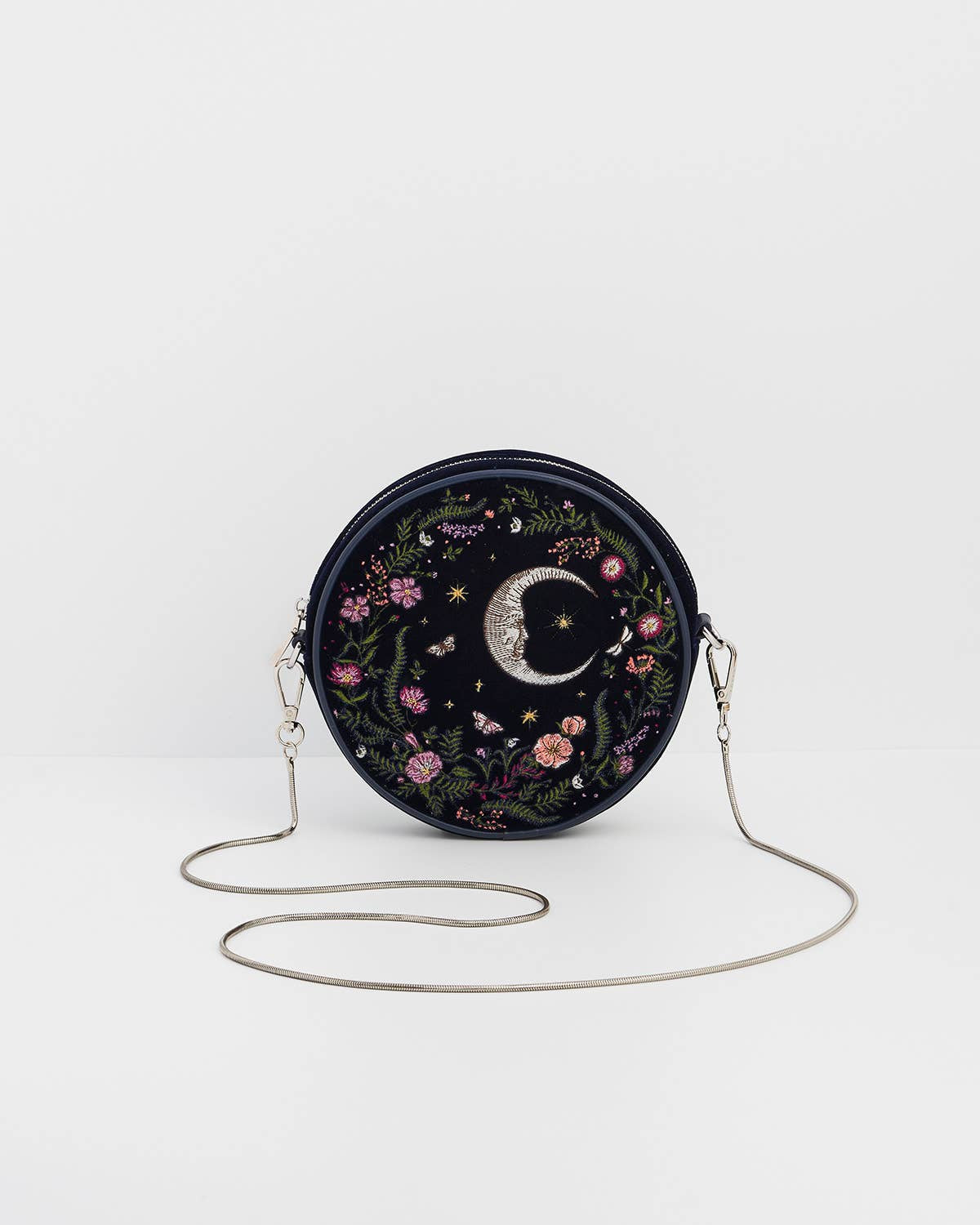 Chloe Midnight Garden Embroidered Circle Bag in Navy Velvet