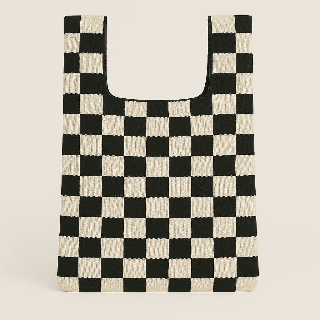 Black and White Checkerboard Knitted Tote Bag