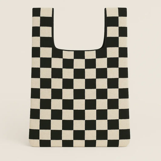 Black and White Checkerboard Knitted Tote Bag