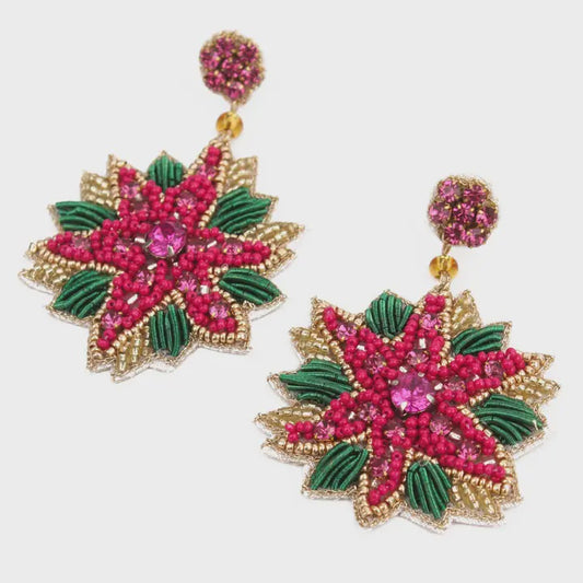 Hand Beaded Poinsettia Earrings