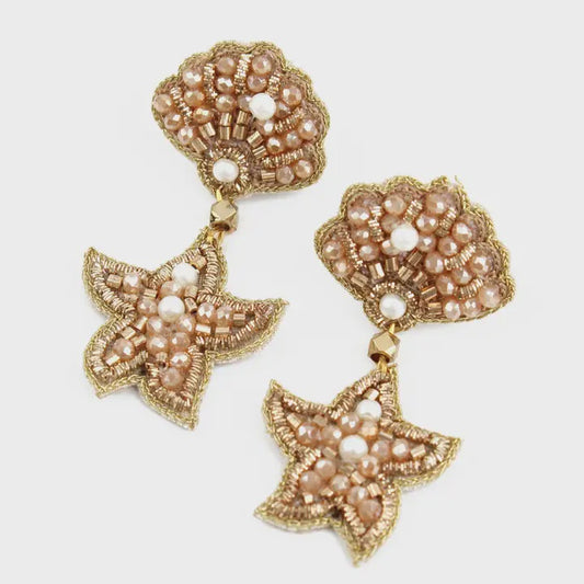 Hand Beaded Gold Shell and Starfish Earrings