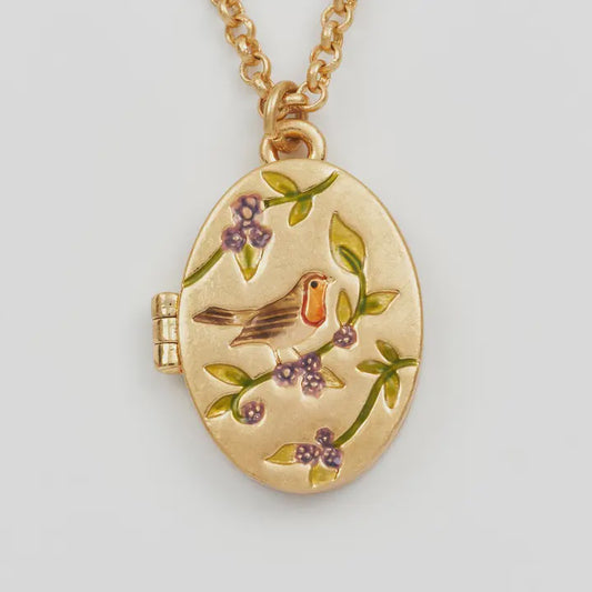 Robin & Blackberry Gold Oval Locket Necklace