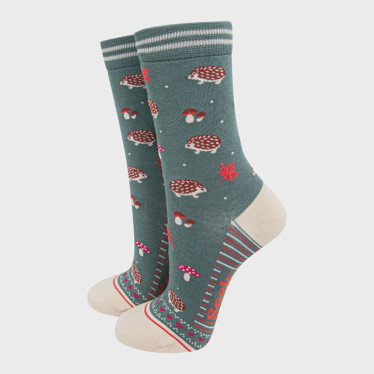 Sage Green Hedgehog and Toadstool Socks