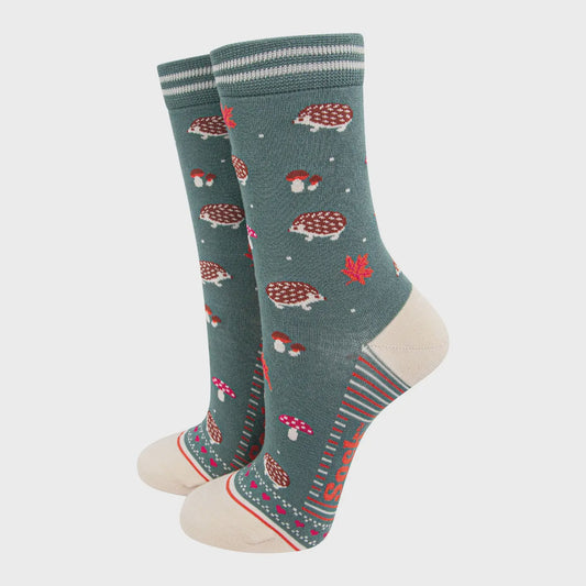 Sage Green Hedgehog and Toadstool Socks