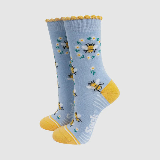 Bee Blue Floral Wreath Socks