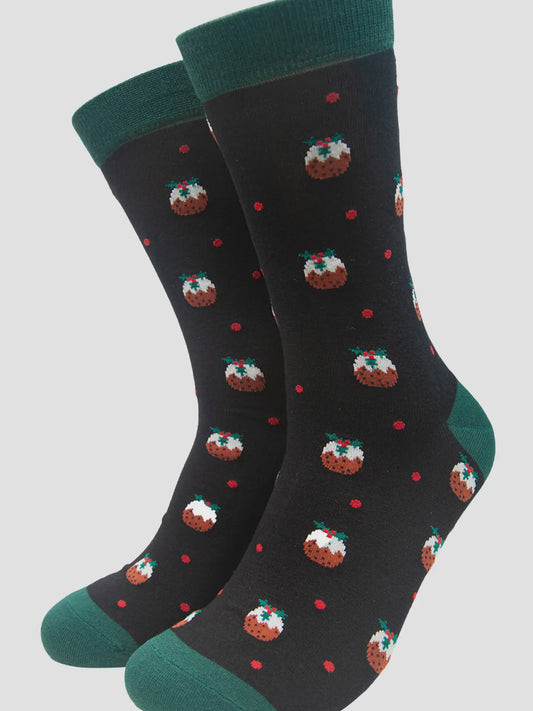 Men's Black Christmas Pudding Print Socks