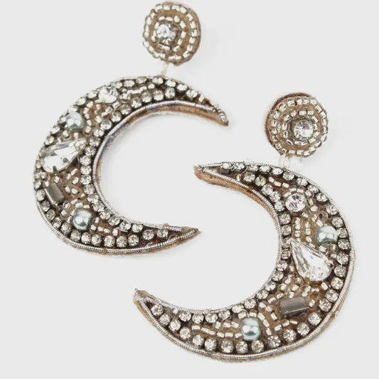 Hand Beaded Silver Moon Earrings