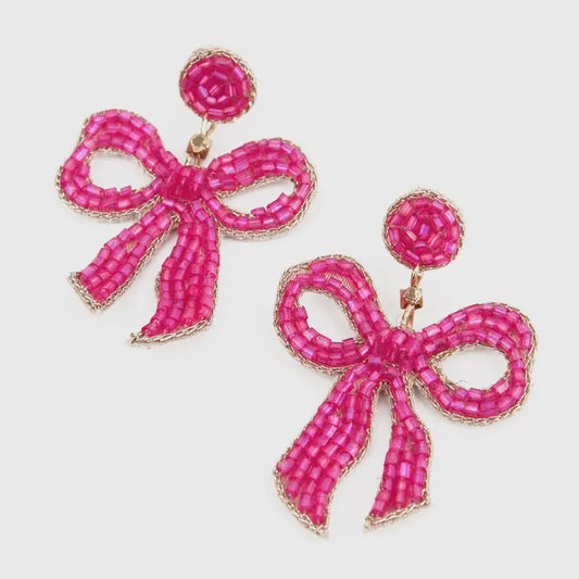 Hand Beaded Pink Bow Earrings