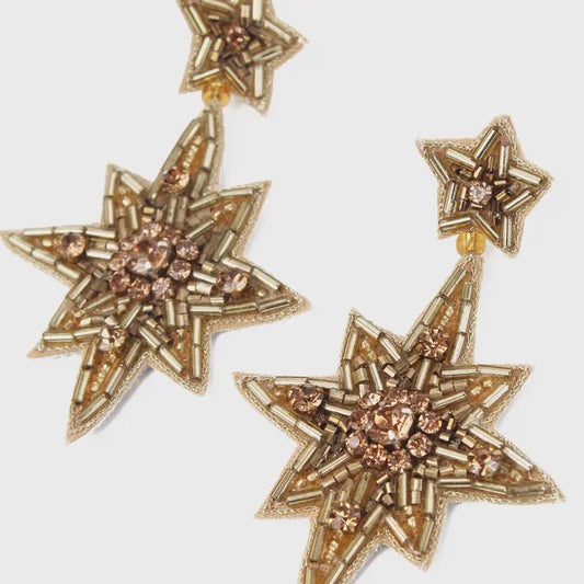 Hand Beaded Gold Double Star Earrings