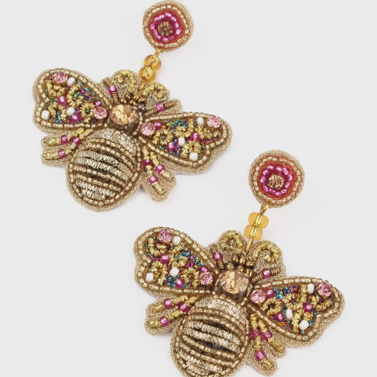 Hand Beaded Pink Bee Beaded Earrings