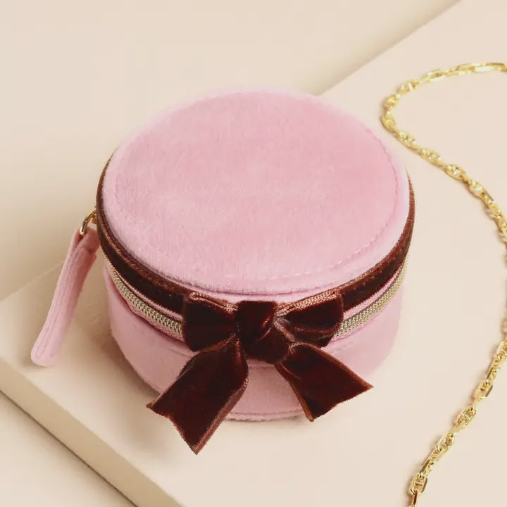 Pink and Burgundy Velvet Bow Round Travel Jewellery Case
