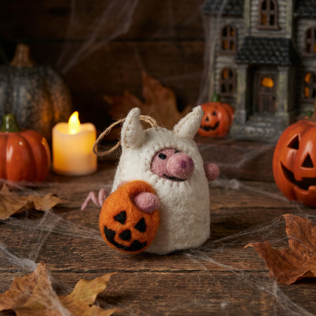 Hand Felted Boo! Pig Hanging Halloween Decoration