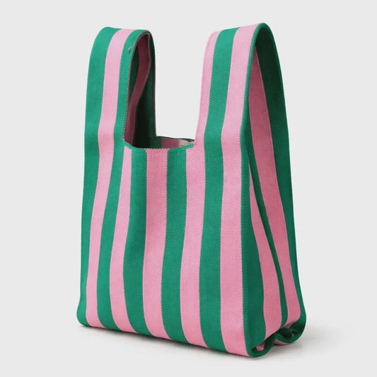 Green and Pink Candy Stripe Knitted Tote Bag