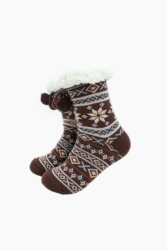 Brown Nordic Snowflake Long Slipper Socks
