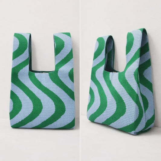 Sunset Swirl Green and Blue Knitted Tote Bag