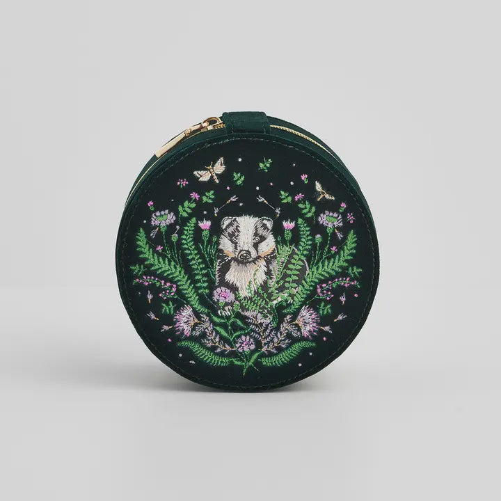 Badger Embroidered Green Velvet Jewellery Box