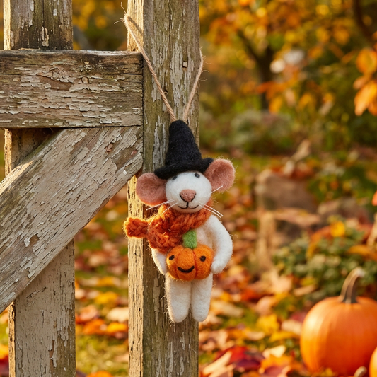 Hand Felted Sabrina the Pumpkin Mouse Decoration