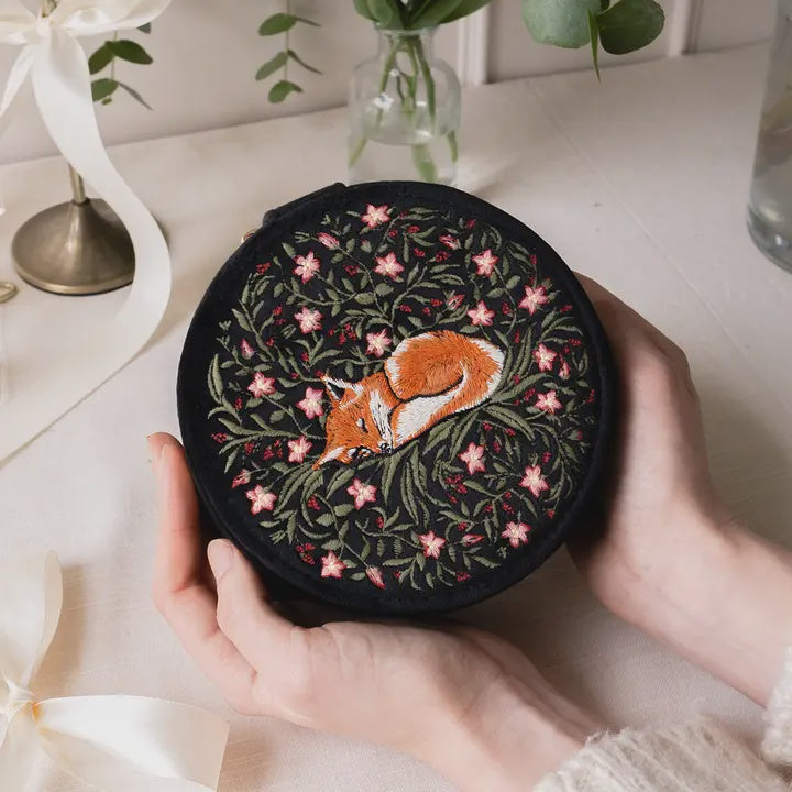 Sleepy Fox Black Velvet Jewellery Box