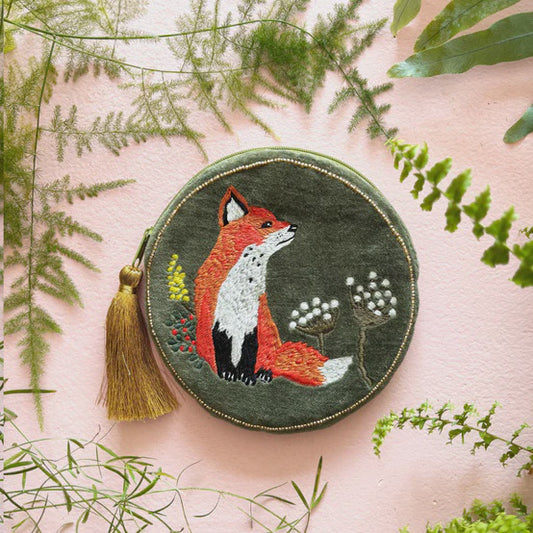 Embroidered Velvet Round Fox Purse