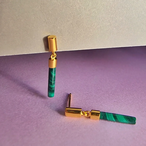 Vurchoo Malachite Green Drop Bar Gold Stud Earrings - Podarok