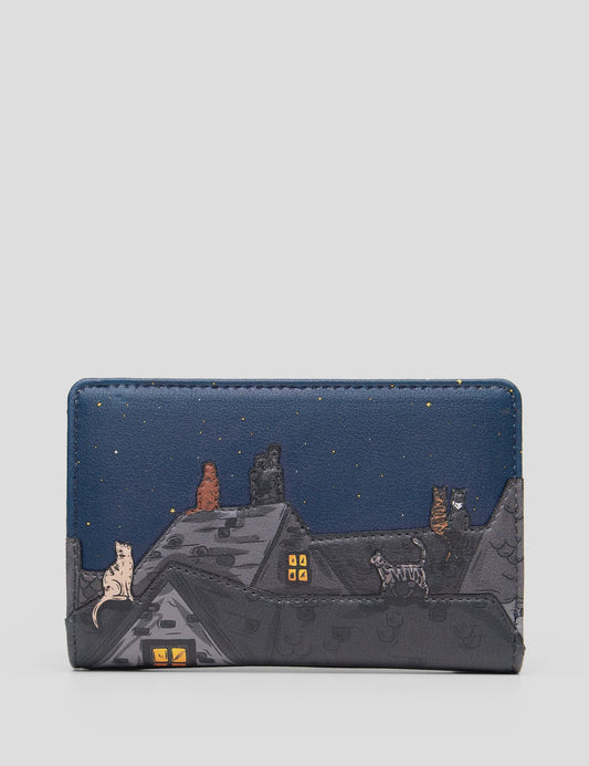 Yoshi Stargazing Cats Flap Over Zip Around Leather Purse