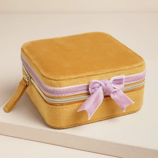 Mustard and Pink Velvet Bow Square Travel Jewellery Case
