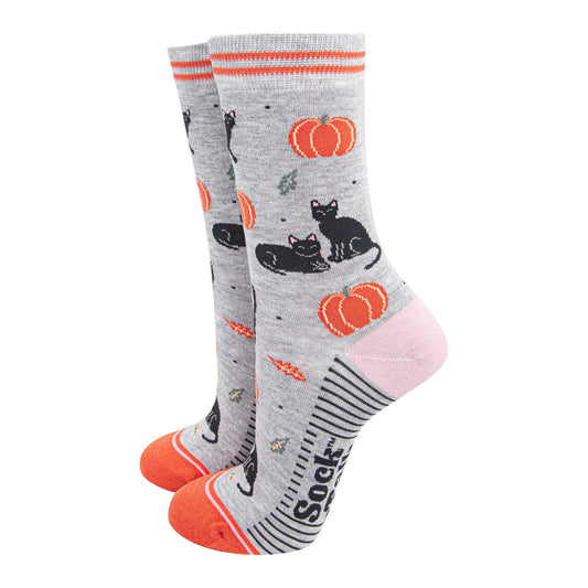 Grey Cats and Pumpkins Bamboo Socks