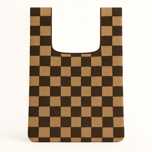 Black and Brown Checkerboard Knitted Tote Bag Medium