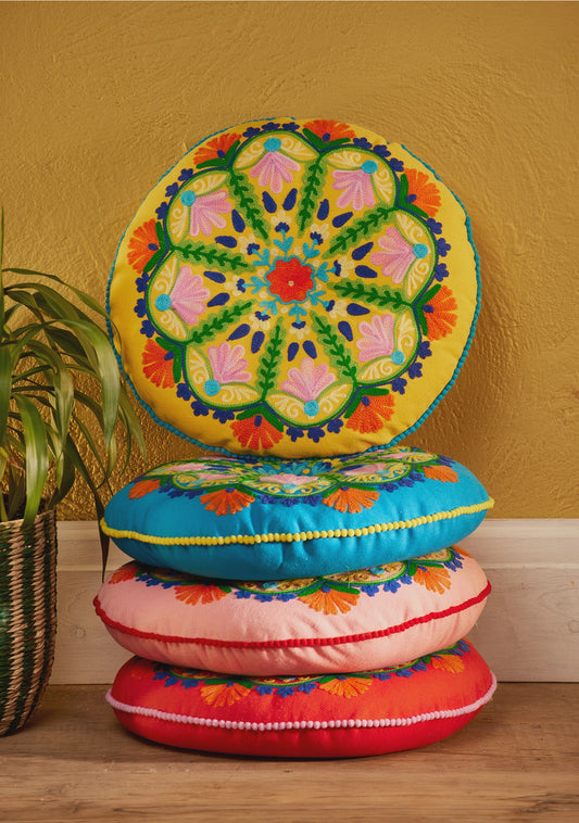 Yellow Folk Mandala Embroidered Cushion