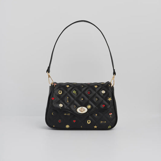 Black Quilted Motif Embroidered Bag
