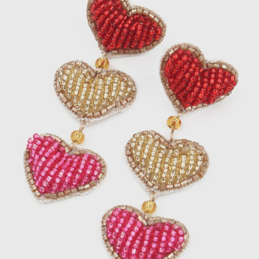 Hand Beaded Triple Heart Drop Earrings