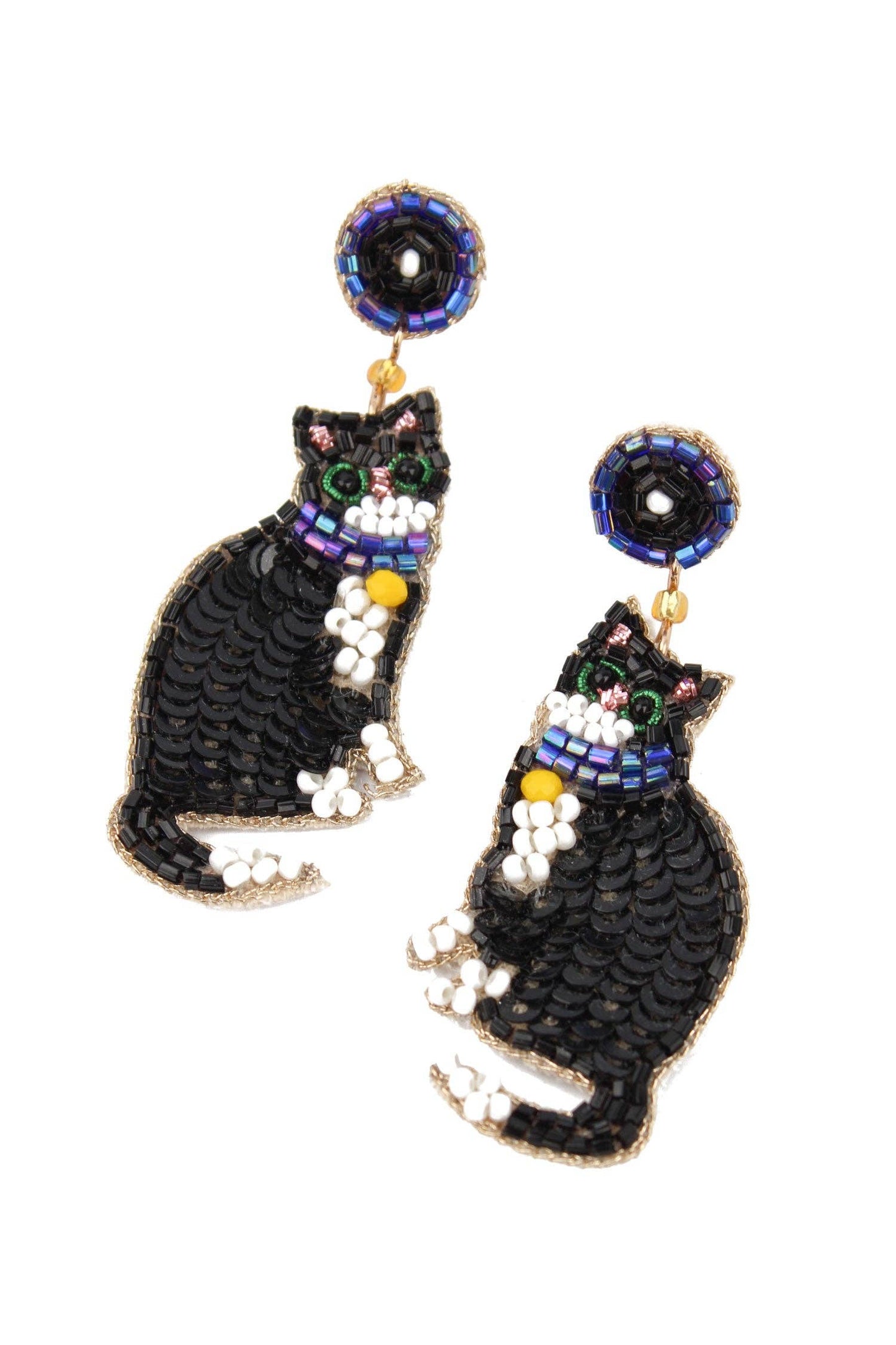 Hand Beaded Black Cat Earrings
