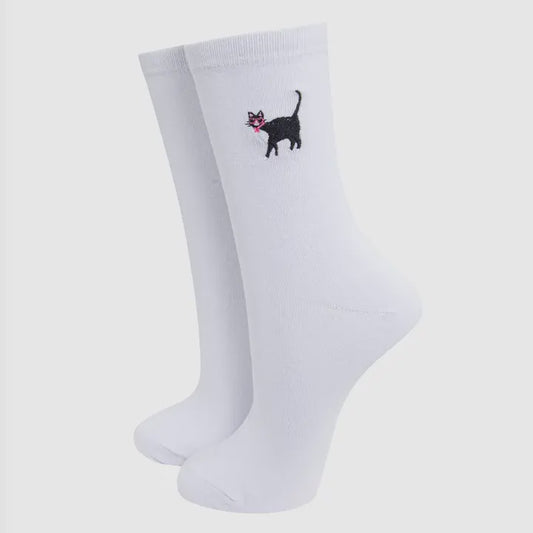White Embroidered Cat Socks