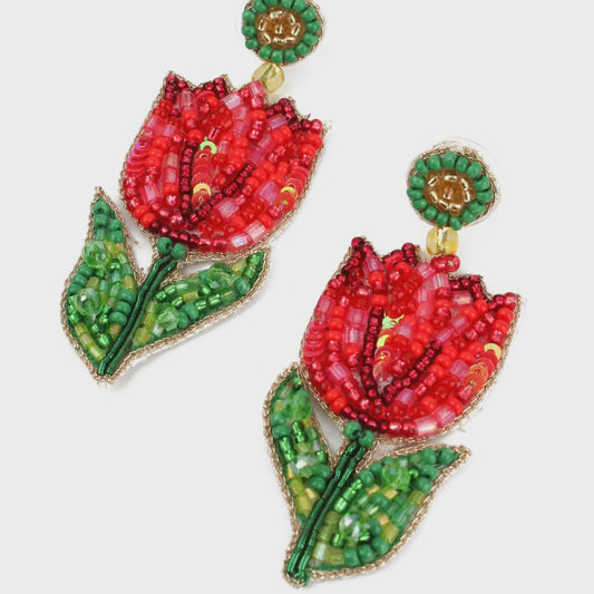 Hand Beaded Red Tulip Earrings