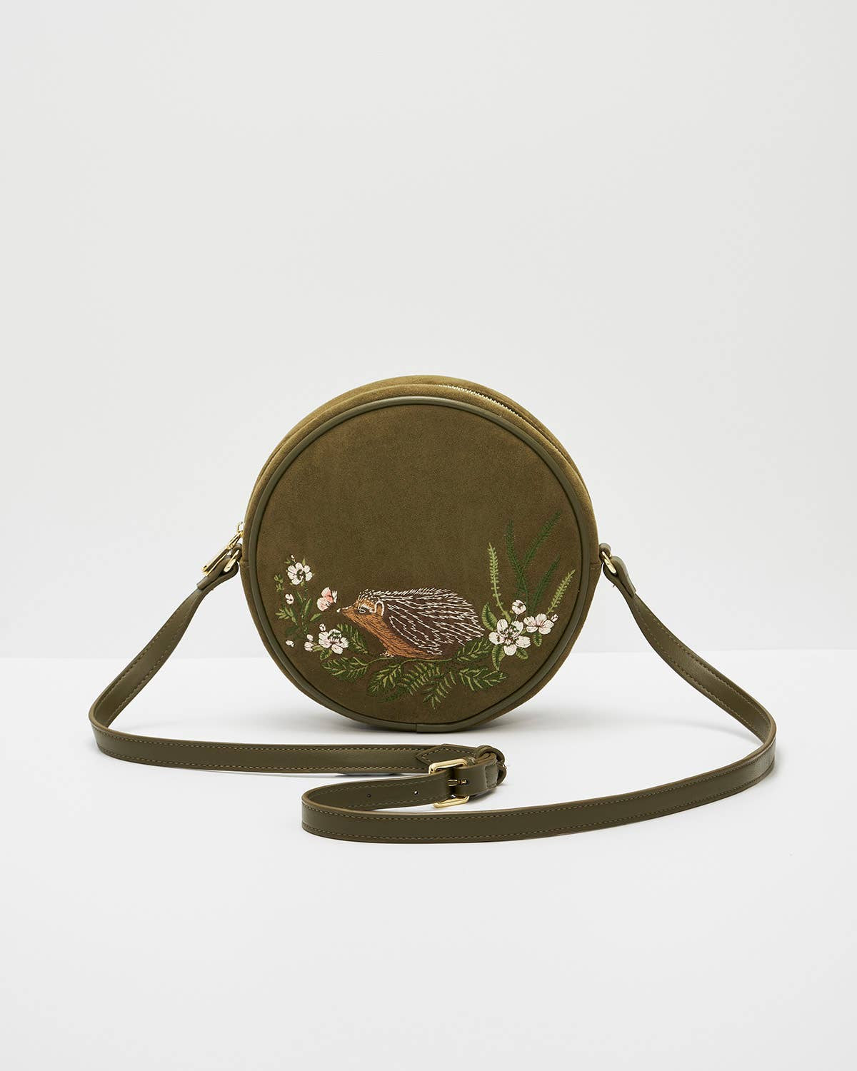 Chloe Hedgehog Embroidered Circle Bag in Khaki Suede