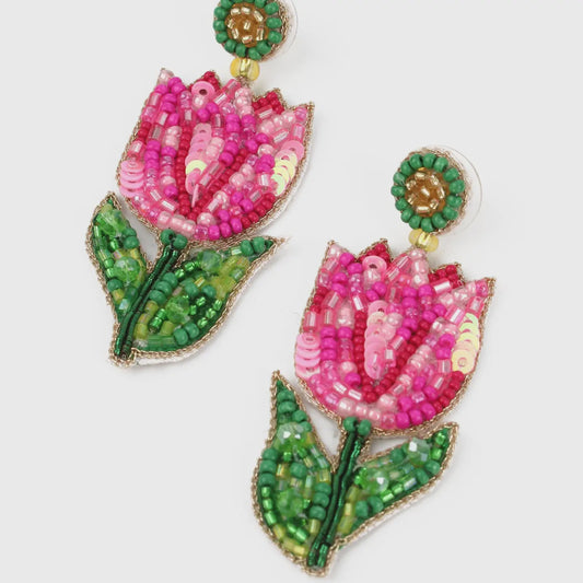 Hand Beaded Pink Tulip Earrings