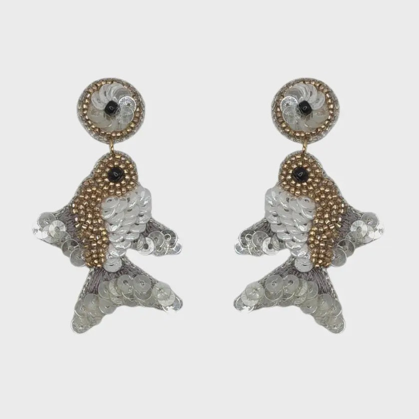 Hand Beaded White and Gold Fish Earrings
