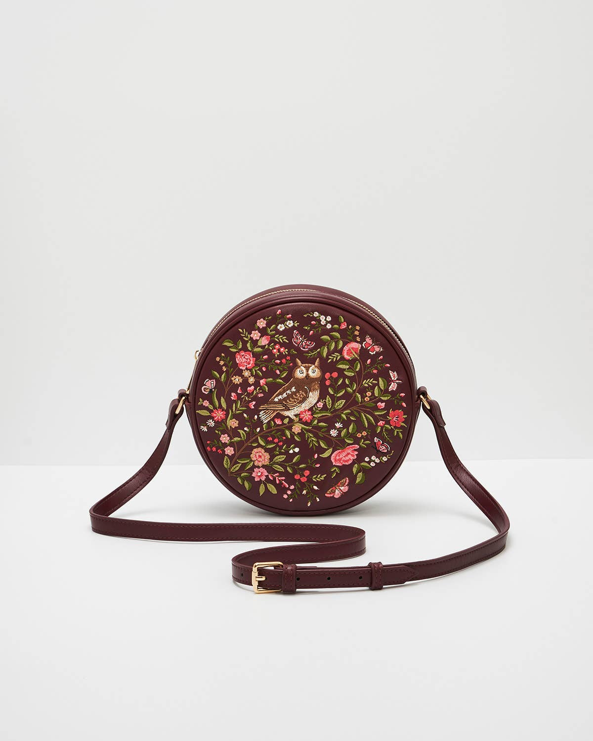 Chloe Owl Embroidered Circle Bag in Burgundy