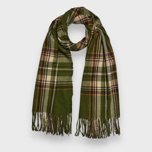 Green Checkered Woven Scarf With Tassels