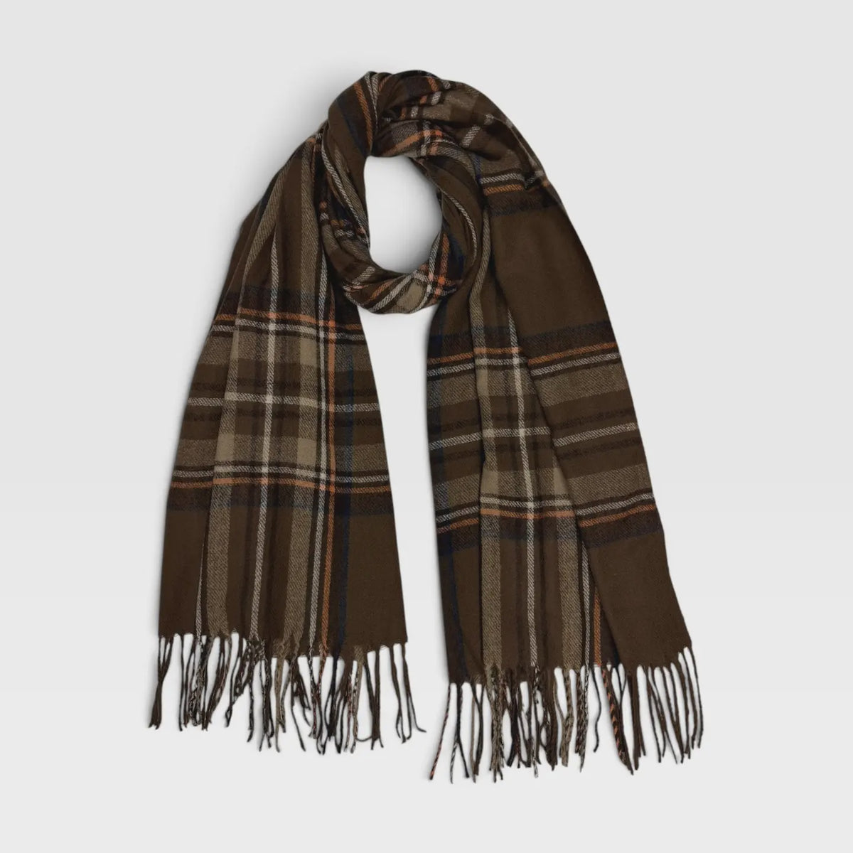 Brown Checkered Woven Scarf With Tassels
