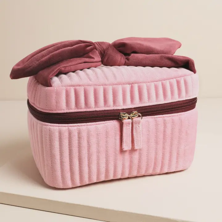 Pink and Red Velvet Bow Vanity Makeup Bag